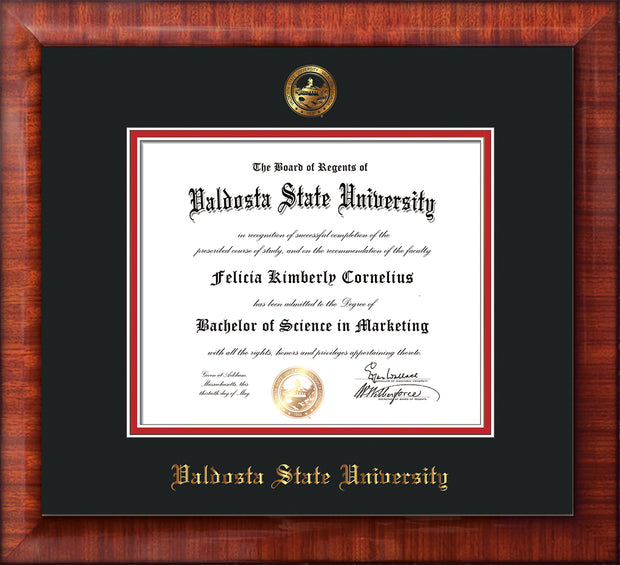 Image of Valdosta State University Diploma Frame - Mezzo Gloss - w/Embossed Seal & Name - Black on Red mats