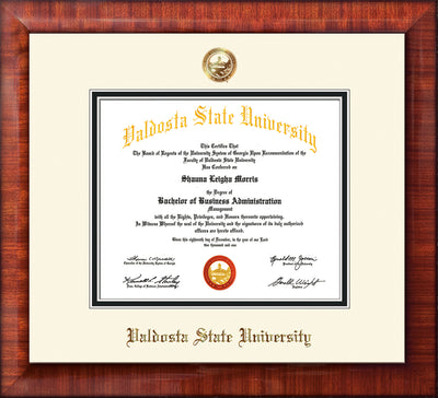 Image of Valdosta State University Diploma Frame - Mezzo Gloss - w/Copper Embossed Seal & Name - Off-White on Black mats