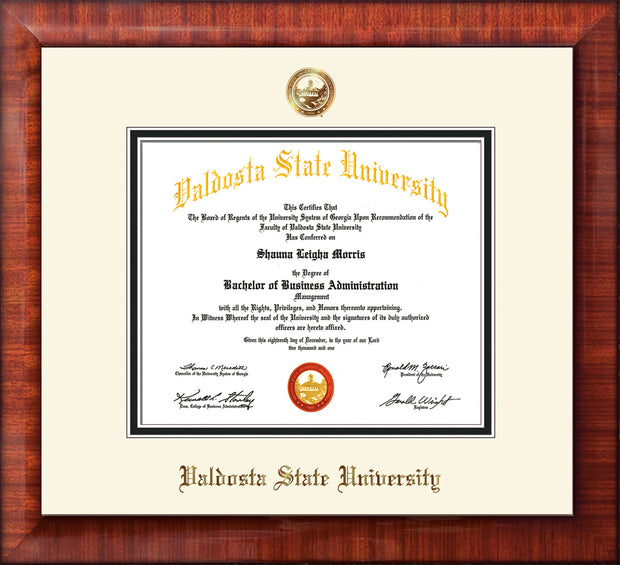 Image of Valdosta State University Diploma Frame - Mezzo Gloss - w/Copper Embossed Seal & Name - Off-White on Black mats