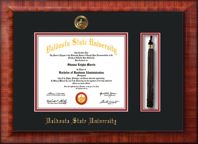 Image of Valdosta State University Diploma Frame - Mezzo Gloss - w/Embossed Seal & Name - Tassel Holder - Black on Red mats
