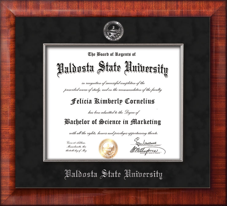 Image of Valdosta State University Diploma Frame - Mezzo Gloss - w/Silver Embossed Seal & Name - Silver Fillet - Black Suede mat