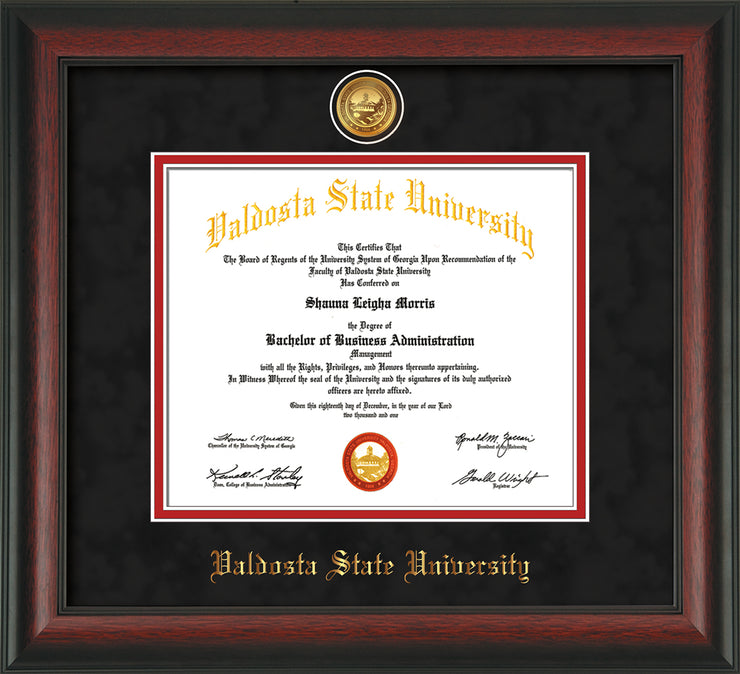 Image of Valdosta State University Diploma Frame - Rosewood - w/24k Gold-Plated Medallion VSU Name Embossing - Black Suede on Red mats