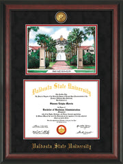 Image of Valdosta State University Diploma Frame - Rosewood - w/24k Gold-Plated Medallion & Embossed School Name - Watercolor - Black Suede on Red mats