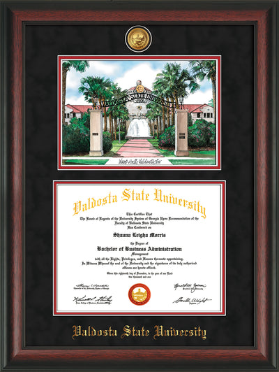Image of Valdosta State University Diploma Frame - Rosewood - w/24k Gold-Plated Medallion & Embossed School Name - Watercolor - Black Suede on Red mats