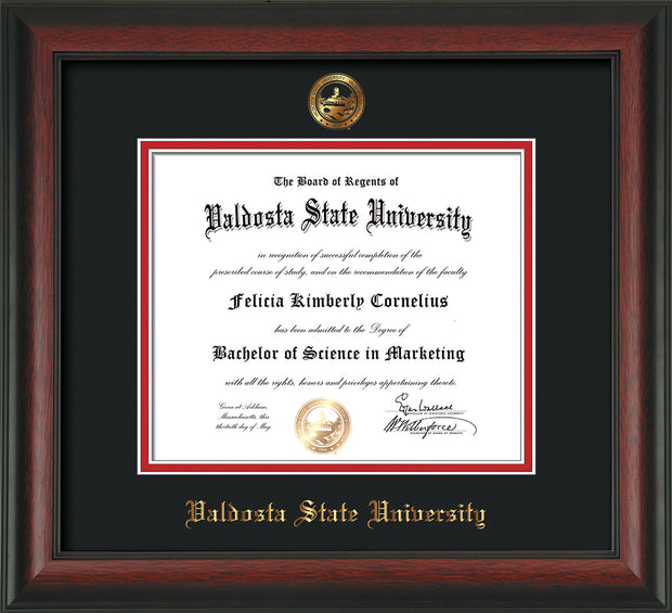 Image of Valdosta State University Diploma Frame - Rosewood - w/Embossed Seal & Name - Black on Red mats
