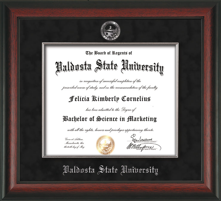 Image of Valdosta State University Diploma Frame - Rosewood - w/Silver Embossed Seal & Name - Silver Fillet - Black Suede mat