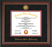 Image of Valdosta State University Diploma Frame - Rosewood w/Gold Lip - w/24k Gold-Plated Medallion VSU Name Embossing - Black Suede on Red mats
