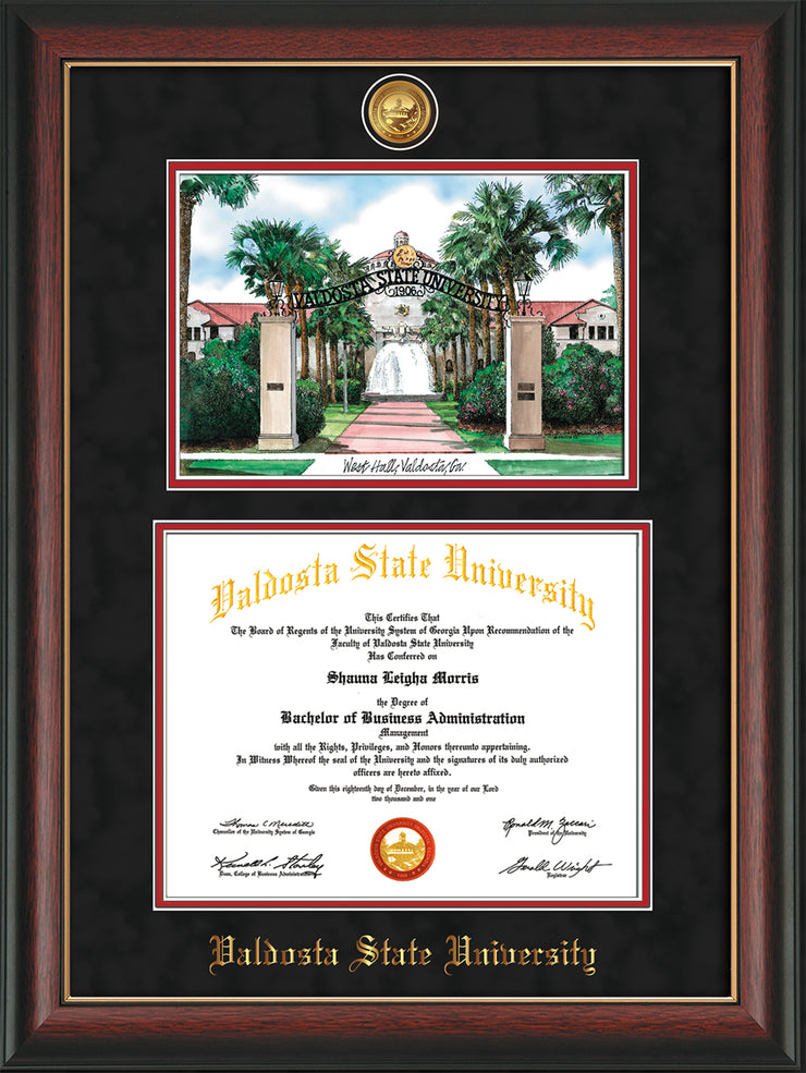 Image of Valdosta State University Diploma Frame - Rosewood w/Gold Lip - w/24k Gold-Plated Medallion & Embossed School - Watercolor - Black Suede on Red