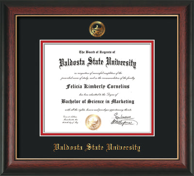 Image of Valdosta State University Diploma Frame - Rosewood w/Gold Lip - w/Embossed Seal & Name - Black on Red mats