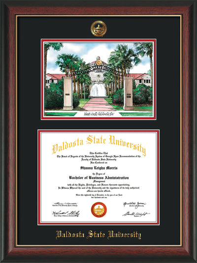 Image of Valdosta State University Diploma Frame - Rosewood w/Gold Lip - w/Embossed Seal & Name - Watercolor - Black on Red mats