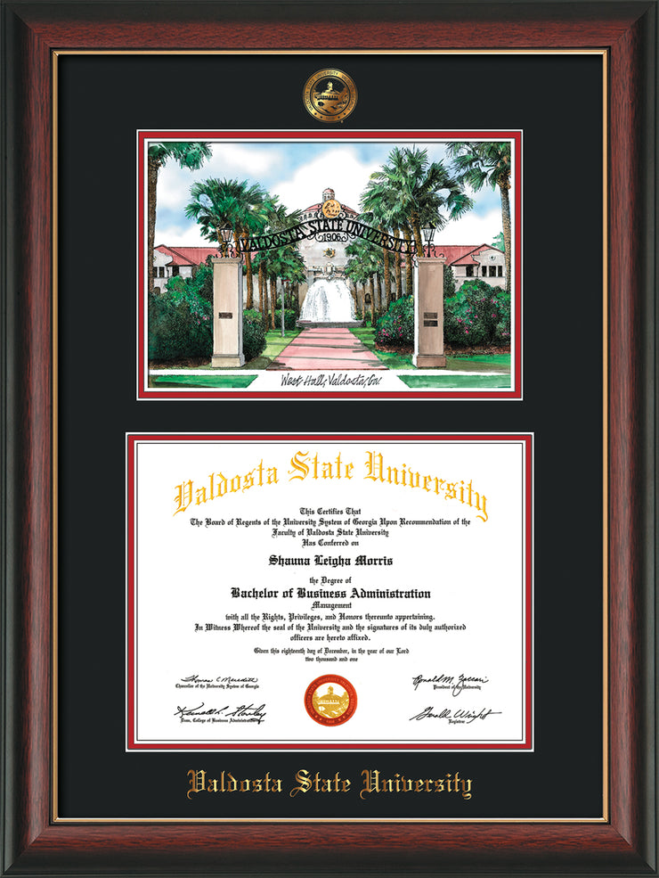 Image of Valdosta State University Diploma Frame - Rosewood w/Gold Lip - w/Embossed Seal & Name - Watercolor - Black on Red mats