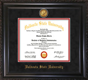 Image of Valdosta State University Diploma Frame - Vintage Black Scoop - w/24k Gold-Plated Medallion VSU Name Embossing - Black Suede on Red mats