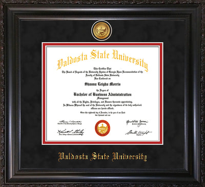 Image of Valdosta State University Diploma Frame - Vintage Black Scoop - w/24k Gold-Plated Medallion VSU Name Embossing - Black Suede on Red mats