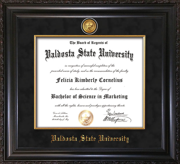Image of Valdosta State University Diploma Frame - Vintage Black Scoop - w/24k Gold-Plated Medallion & Fillet - w/VSU Name Embossing - Black Suede mat