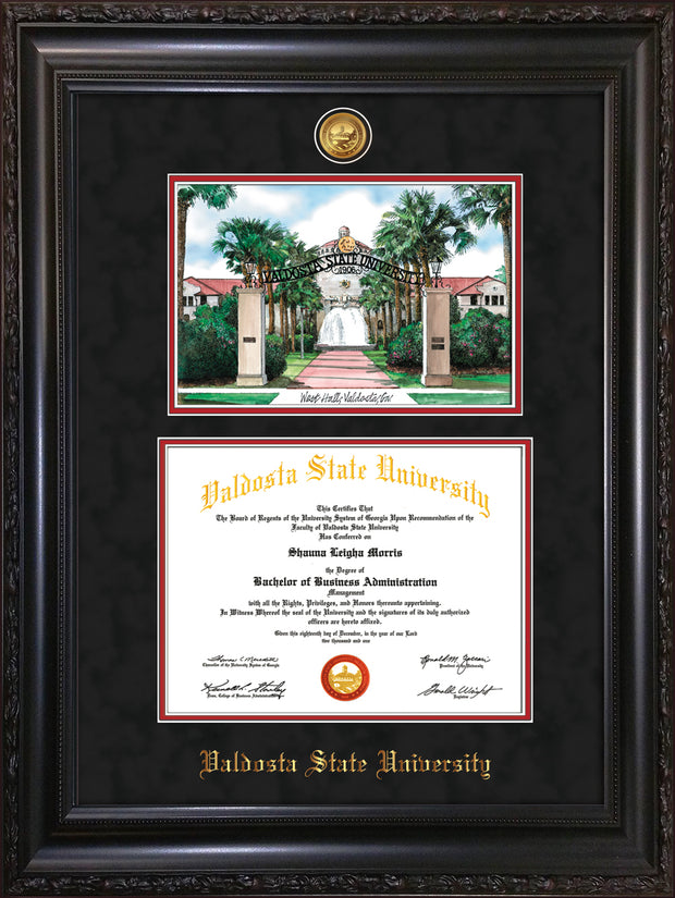 Image of Valdosta State University Diploma Frame - Vintage Black Scoop - w/24k Gold-Plated Medallion & Embossed School - Watercolor - Black Suede on Red