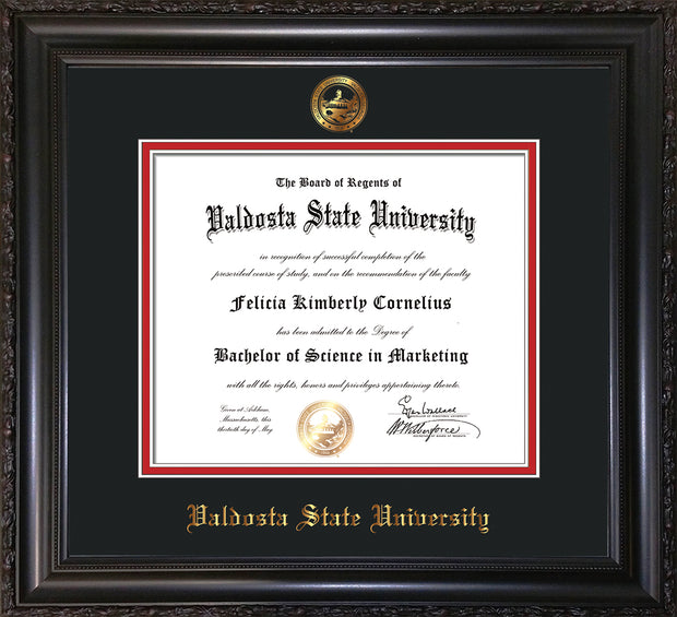 Image of Valdosta State University Diploma Frame - Vintage Black Scoop - w/Embossed Seal & Name - Black on Red mats
