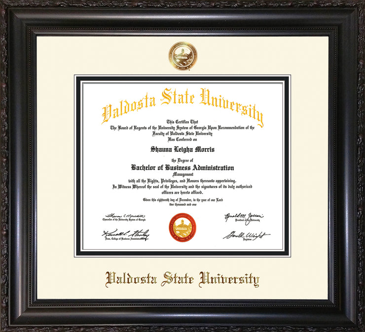 Image of Valdosta State University Diploma Frame - Vintage Black Scoop - w/Copper Embossed Seal & Name - Off-White on Black mats