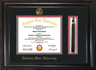 Image of Valdosta State University Diploma Frame - Vintage Black Scoop - w/Embossed Seal & Name - Tassel Holder - Black on Red mats