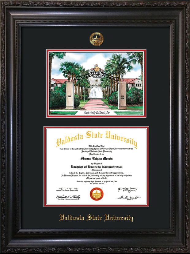 Image of Valdosta State University Diploma Frame - Vintage Black Scoop - w/Embossed Seal & Name - Watercolor - Black on Red mats