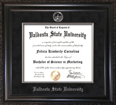 Image of Valdosta State University Diploma Frame - Vintage Black Scoop - w/Silver Embossed Seal & Name - Silver Fillet - Black Suede mat