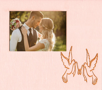 Image of Personalized Photo Frames - w/Rose Pink mat - w/Doves & Ribbon Wedding Design