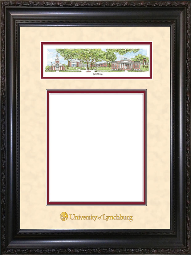 Image of University of Lynchburg Diploma Frame - Vintage Black Scoop - w/Embossed School Name Only - Campus Collage - Cream Suede on Crimson mat
