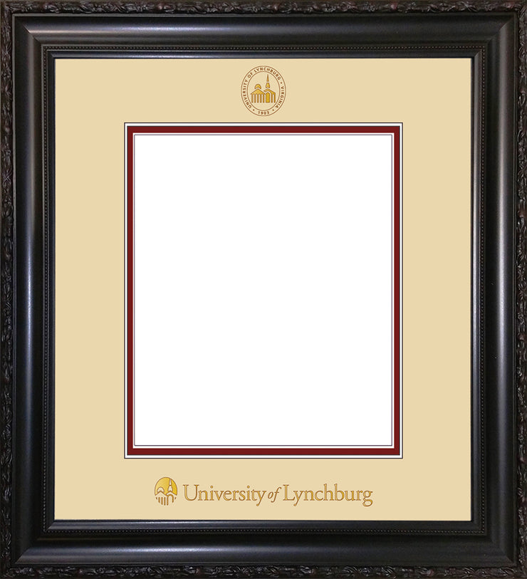 Image of University of Lynchburg Diploma Frame - Vintage Black Scoop - w/Embossed UL Seal & Name - Cream on Crimson mat
