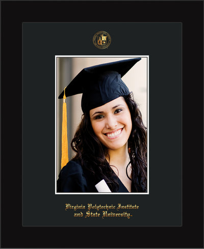 Image of Virginia Tech 5 x 7 Photo Frame - Flat Matte Black - w/Official Embossing of VT Seal & Name - Single Black mat