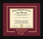 Image of Virginia Tech Diploma Frame - Flat Matte Black - w/3D Laser VT Logo Cutout - Maroon Suede on Orange mat
