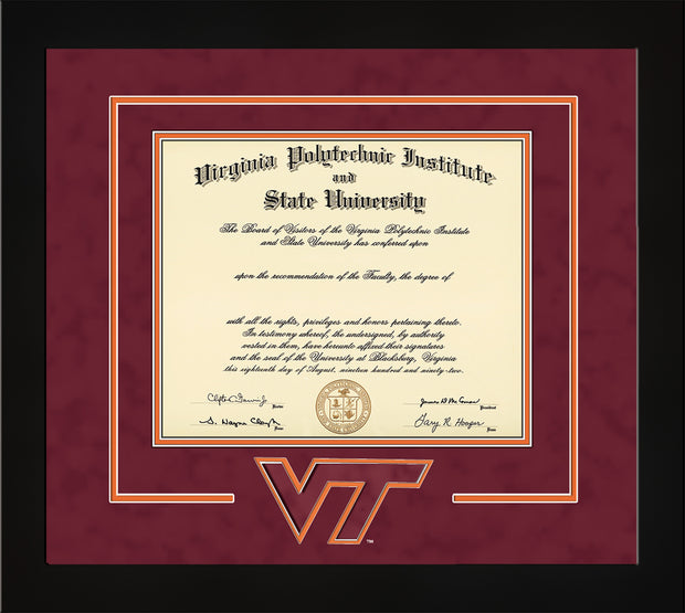 Image of Virginia Tech Diploma Frame - Flat Matte Black - w/3D Laser VT Logo Cutout - Maroon Suede on Orange mat