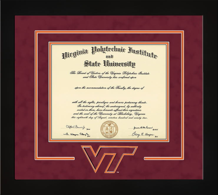 Image of Virginia Tech Diploma Frame - Flat Matte Black - w/3D Laser VT Logo Cutout - Maroon Suede on Orange mat