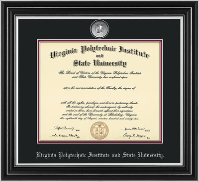 Image of Virginia Tech Diploma Frame - Satin Silver - w/Silver Plated Medallion VT Name Embossing - Black on Maroon mats