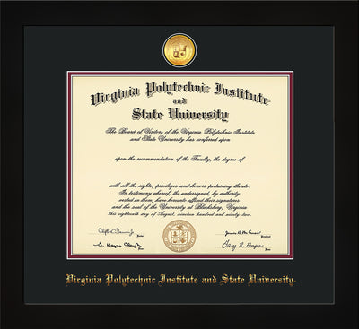 Image of Virginia Tech Diploma Frame - Flat Matte Black - w/24k Gold-Plated Medallion VT Name Embossing - Black on Maroon mats
