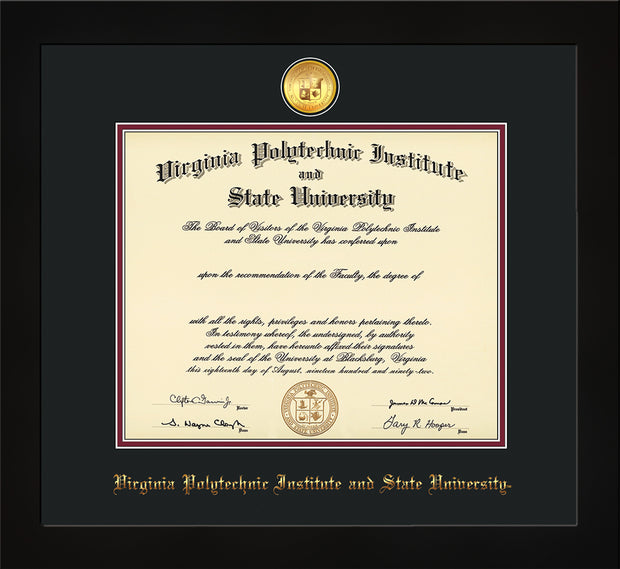 Image of Virginia Tech Diploma Frame - Flat Matte Black - w/24k Gold-Plated Medallion VT Name Embossing - Black on Maroon mats