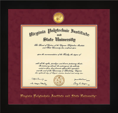 Image of Virginia Tech Diploma Frame - Flat Matte Black - w/24k Gold-Plated Medallion VT Name Embossing - Maroon Suede on Orange mats