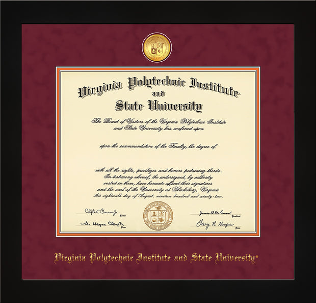 Image of Virginia Tech Diploma Frame - Flat Matte Black - w/24k Gold-Plated Medallion VT Name Embossing - Maroon Suede on Orange mats