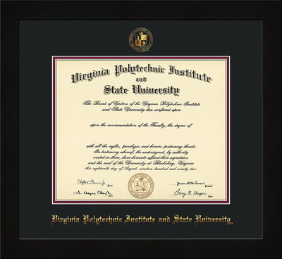 Image of Virginia Tech Diploma Frame - Flat Matte Black - w/Embossed VT Seal & Name - Black on Maroon mat