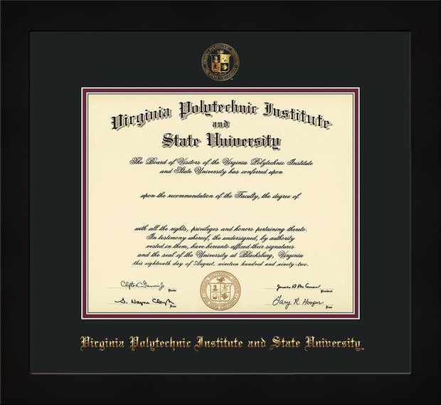 Image of Virginia Tech Diploma Frame - Flat Matte Black - w/Embossed VT Seal & Name - Black on Maroon mat