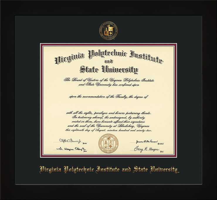 Image of Virginia Tech Diploma Frame - Flat Matte Black - w/Embossed VT Seal & Name - Black on Maroon mat