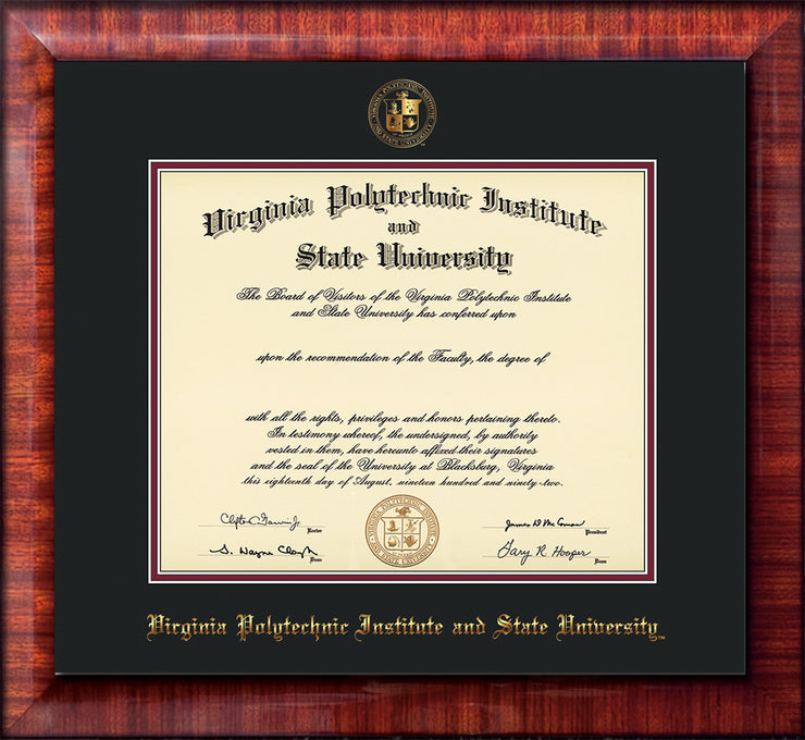 Image of Virginia Tech Diploma Frame - Mezzo Gloss - w/Embossed VT Seal & Name - Black on Maroon mat