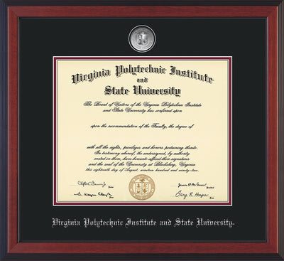 Image of Virginia Tech Diploma Frame - Cherry Reverse - w/Silver-Plated Medallion VT Name Embossing - Black on Maroon mats
