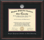 Virginia Tech Diploma Frame - Mahogany Braid - w/Silver-Plated Medallion VT Name Embossing - Black on Maroon mats