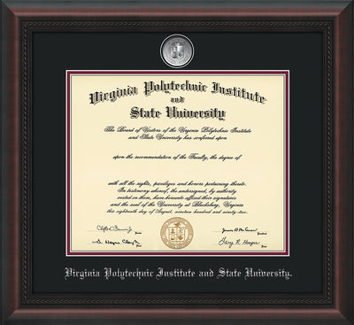 Virginia Tech Diploma Frame - Mahogany Braid - w/Silver-Plated Medallion VT Name Embossing - Black on Maroon mats