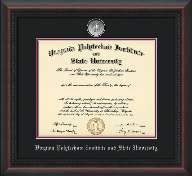 Virginia Tech Diploma Frame - Mahogany Braid - w/Silver-Plated Medallion VT Name Embossing - Black on Maroon mats
