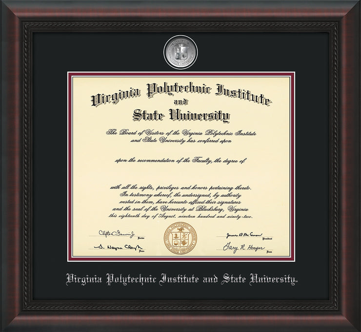 Virginia Tech Diploma Frame - Mahogany Braid - w/Silver-Plated Medallion VT Name Embossing - Black on Maroon mats