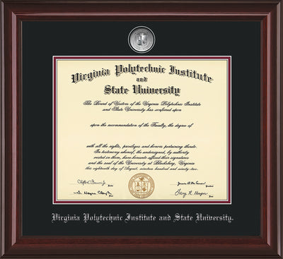 Image of Virginia Tech Diploma Frame - Mahogany Lacquer - w/Silver-Plated Medallion VT Name Embossing - Black on Maroon mats