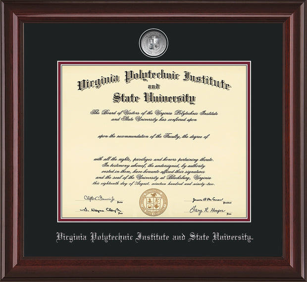 Image of Virginia Tech Diploma Frame - Mahogany Lacquer - w/Silver-Plated Medallion VT Name Embossing - Black on Maroon mats