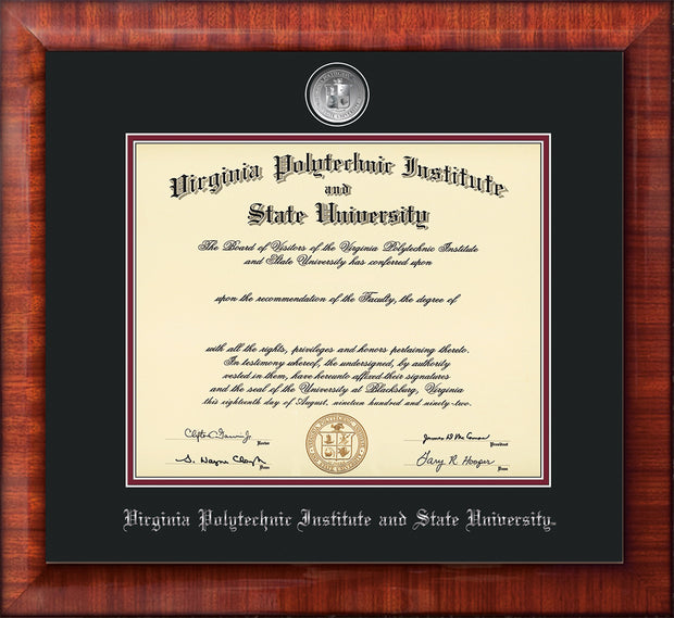 Image of Virginia Tech Diploma Frame - Mezzo Gloss - w/Silver-Plated Medallion VT Name Embossing - Black on Maroon mats