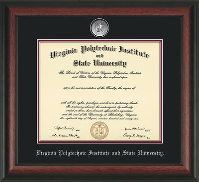 Image of Virginia Tech Diploma Frame - Rosewood  - w/Silver-Plated Medallion VT Name Embossing - Black on Maroon mats
