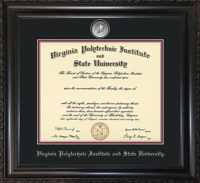 Image of Virginia Tech Diploma Frame - Vintage Black Scoop - w/Silver-Plated Medallion VT Name Embossing - Black on Maroon mats